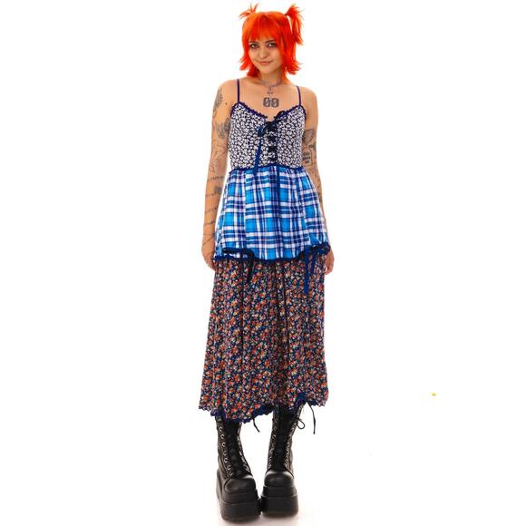 TUNNEL VISION Beatrice Convertible Patchwork Drawstring Midi Dress Sz L {3N28} - Picture 1 of 10